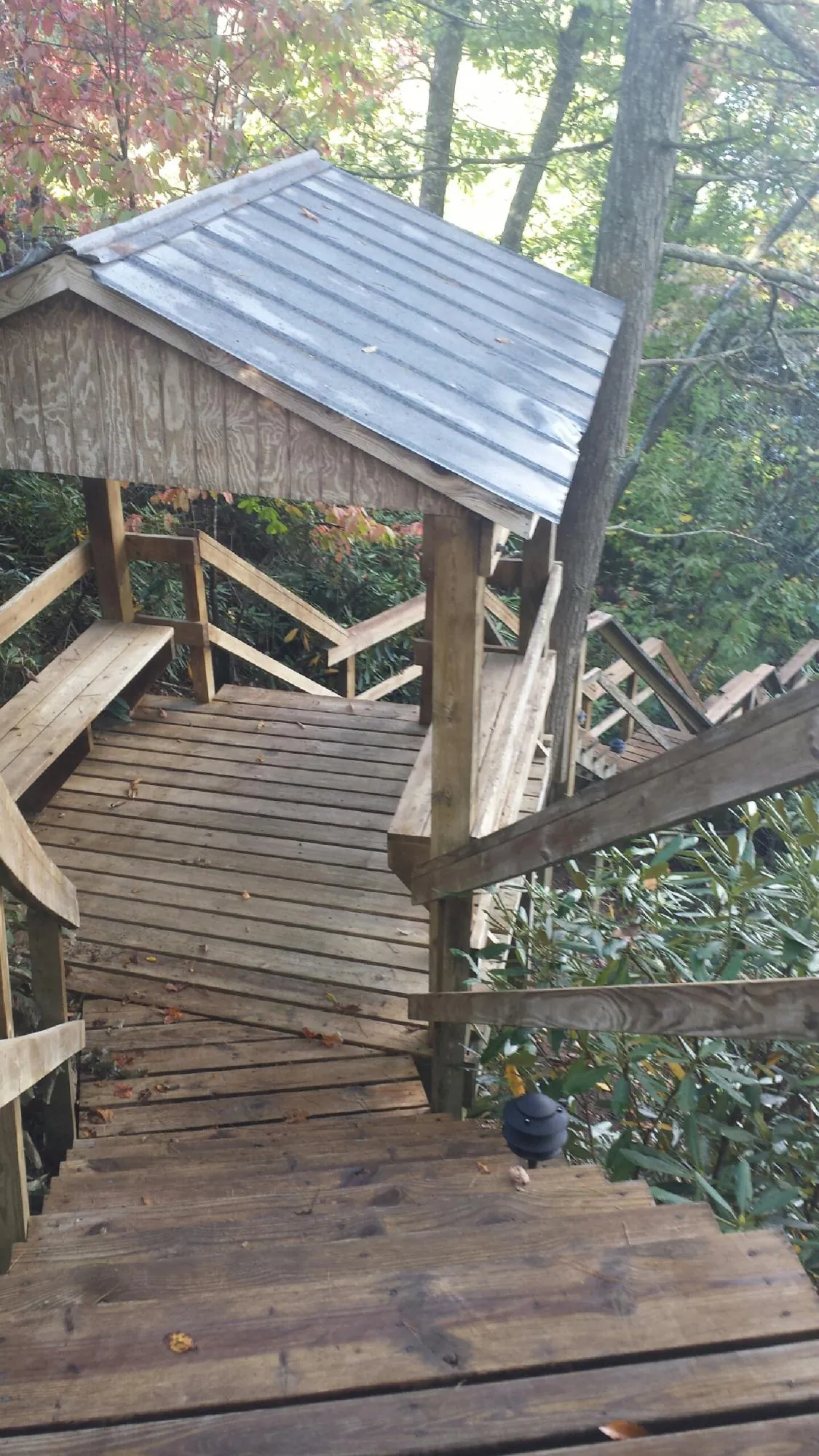 Metal roofed shelter over wooden steps on a wooded walkway — Skylight Repair & Installation work by our crew in Opp